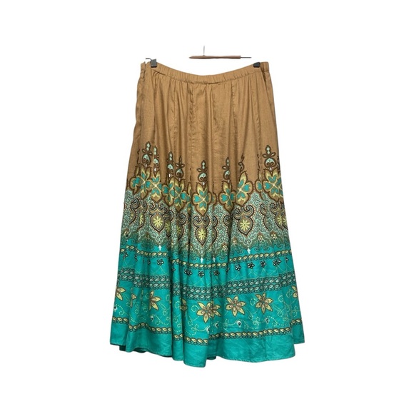 Coldwater Creek Linen Blend Colorful Boho Midi Skirt Size Medium Hindi Hippie - Picture 2 of 14